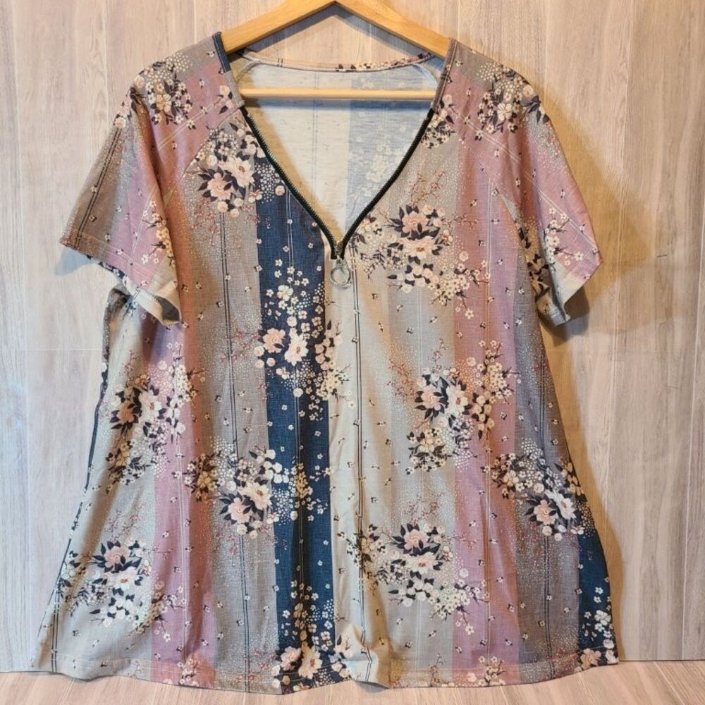 Womens XL Floral Stripe Blouse V Neck Zipper Short Sleeve Flowy Top Multicolor